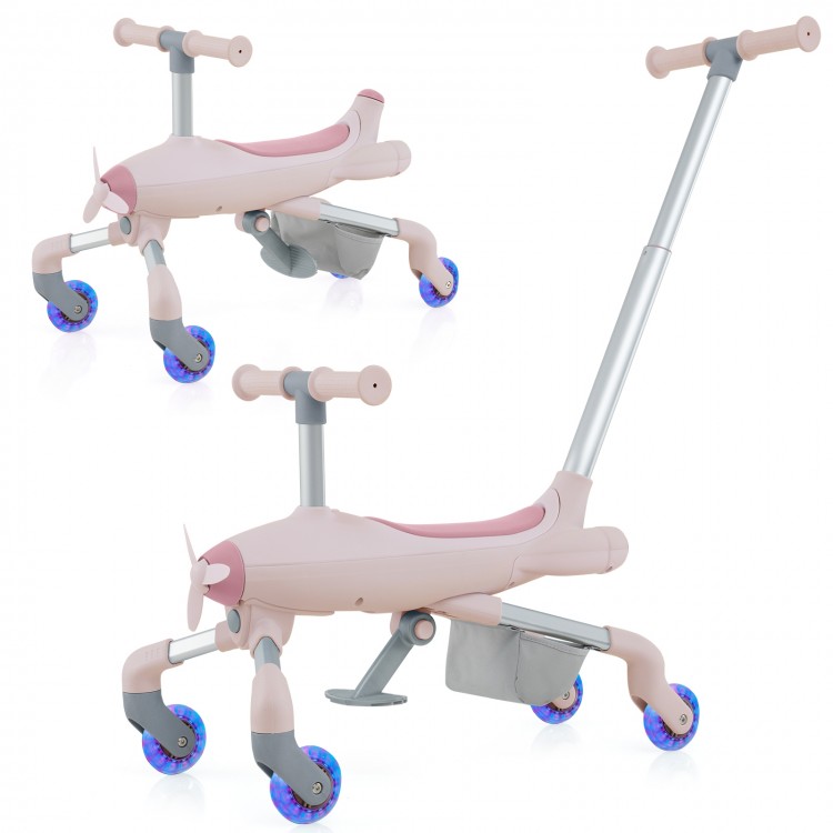 Kids ride-on push car in pink with LED lighted wheels, adjustable handle, and storage basket for indoor and outdoor fun.