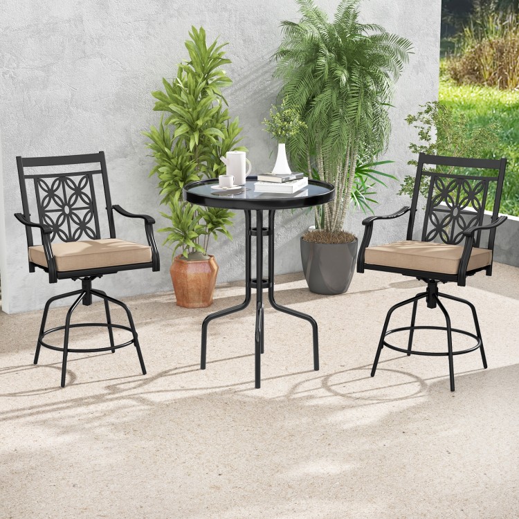 Outdoor swivel bar stools set of 2 with brown seat cushions, featuring elegant blossom pattern for patio or garden use.