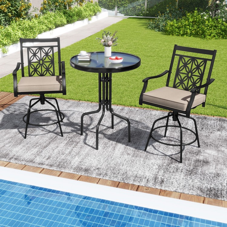 Outdoor swivel bar stools set of 2 with brown cushions, featuring elegant blossom pattern, ideal for patio or poolside.