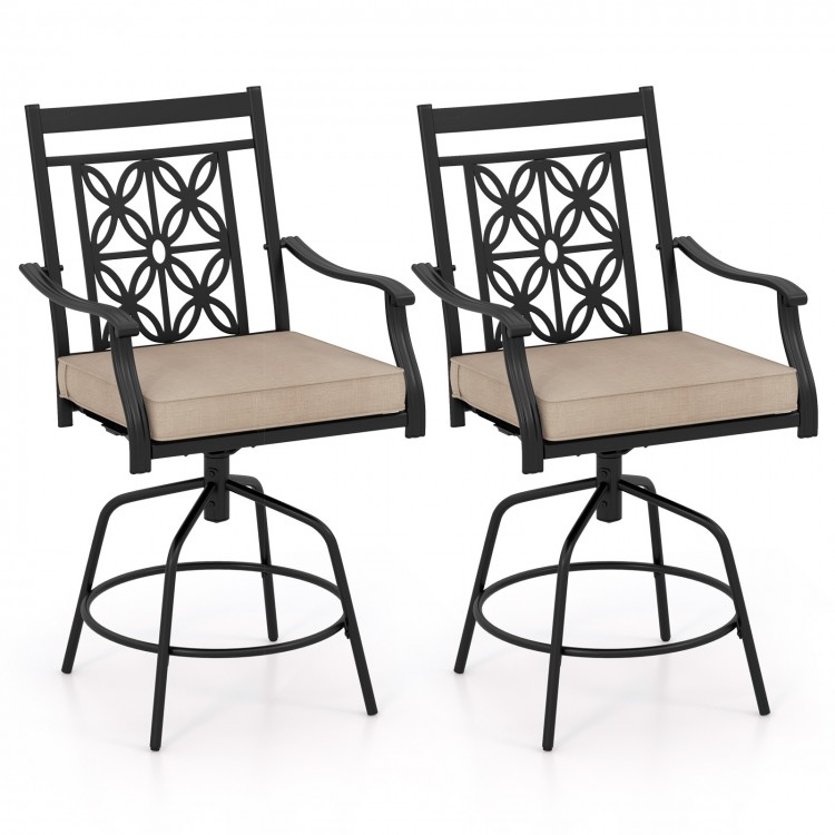 Outdoor swivel bar stools set of 2 with brown seat cushions, featuring elegant blossom pattern and durable.