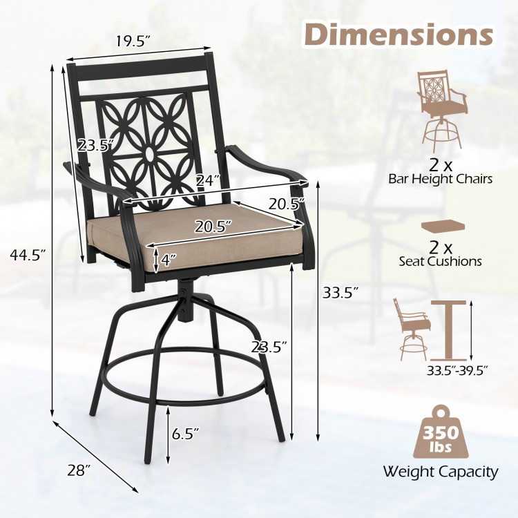Outdoor swivel bar stool with brown seat cushion, featuring a durable metal frame and elegant blossom pattern, ideal.
