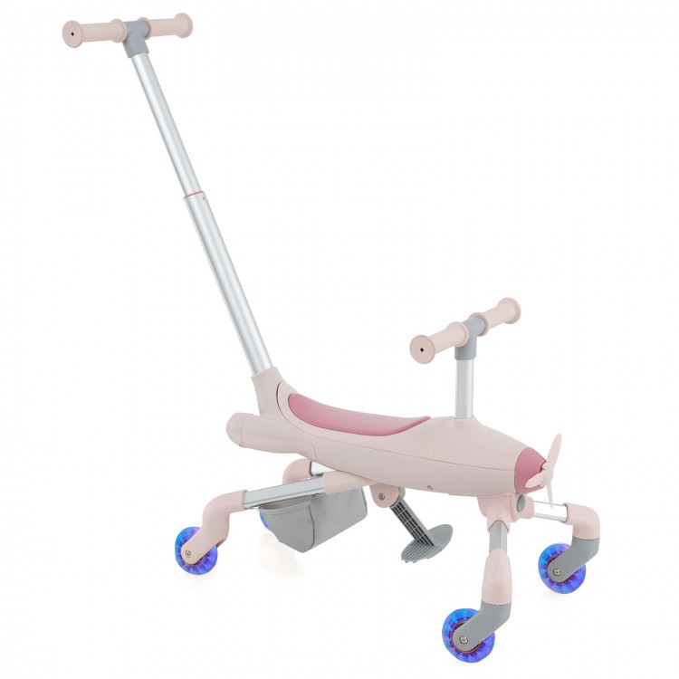 2-in-1 kids ride-on push car in pink with LED lighted wheels, adjustable handle, and storage basket for indoor and.