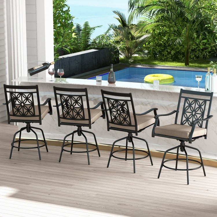 Outdoor swivel bar stools set of 2 with brown seat cushions, featuring a stylish blossom pattern, ideal for patio use.