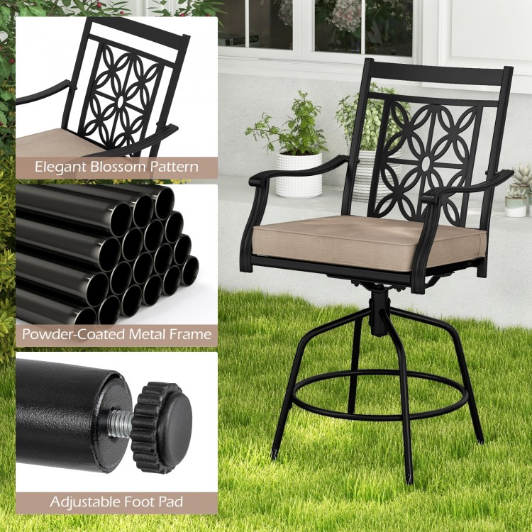 Outdoor swivel bar stool with elegant blossom pattern, brown cushion, and powder-coated metal frame for patio use.