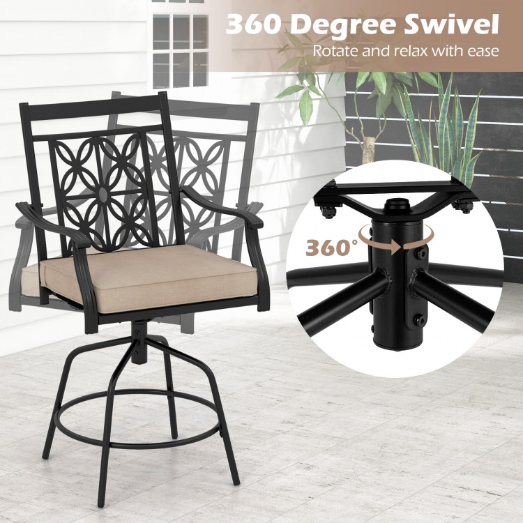 Outdoor swivel bar stool with brown cushion, featuring a 360-degree swivel and elegant blossom pattern for patio use.