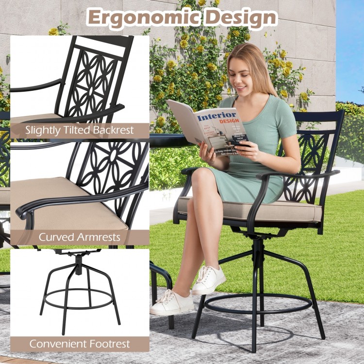 Outdoor swivel bar stool with brown cushion, slightly tilted backrest, and curved armrests for patio comfort.