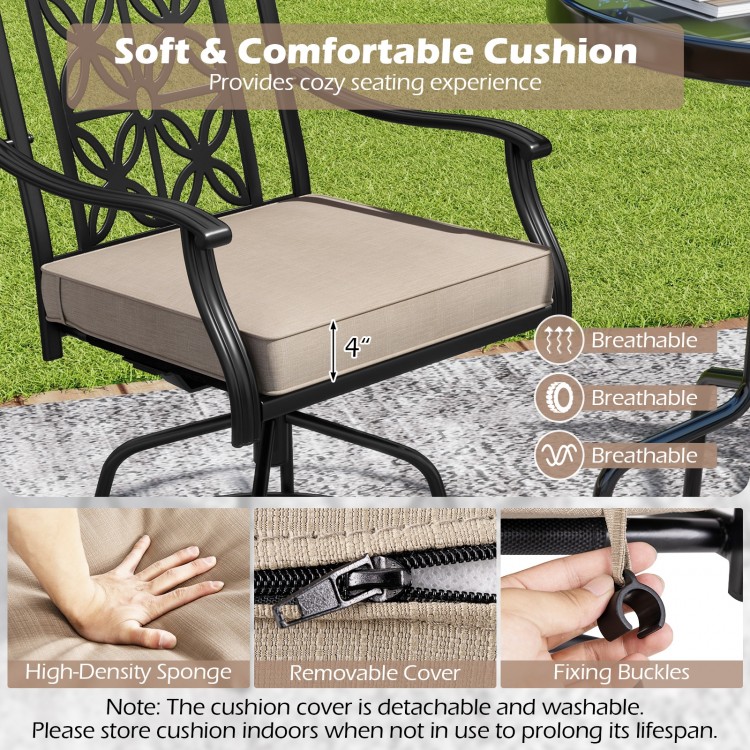 Outdoor swivel bar stool with soft brown cushion, fixing buckles, and elegant blossom pattern for patio comfort.