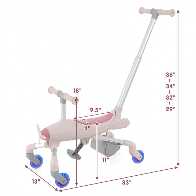 2-in-1 pink kids ride-on push car with LED lighted wheels, adjustable handle, and storage basket for indoor and outdoor.