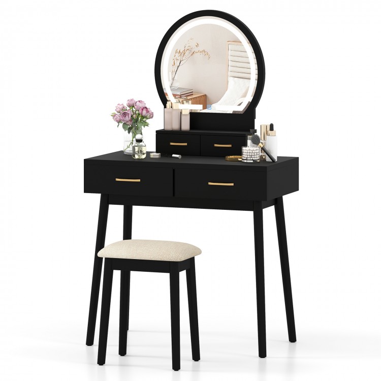 LED lighted mirror with touch control and adjustable brightness, featured on the black small vanity makeup dressing.