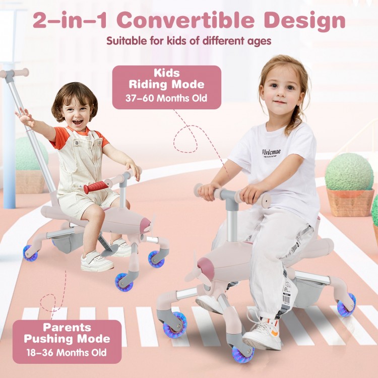 2-in-1 kids ride-on push car in pink with LED lighted wheels, suitable for ages 18-60 months, ideal for indoor and.