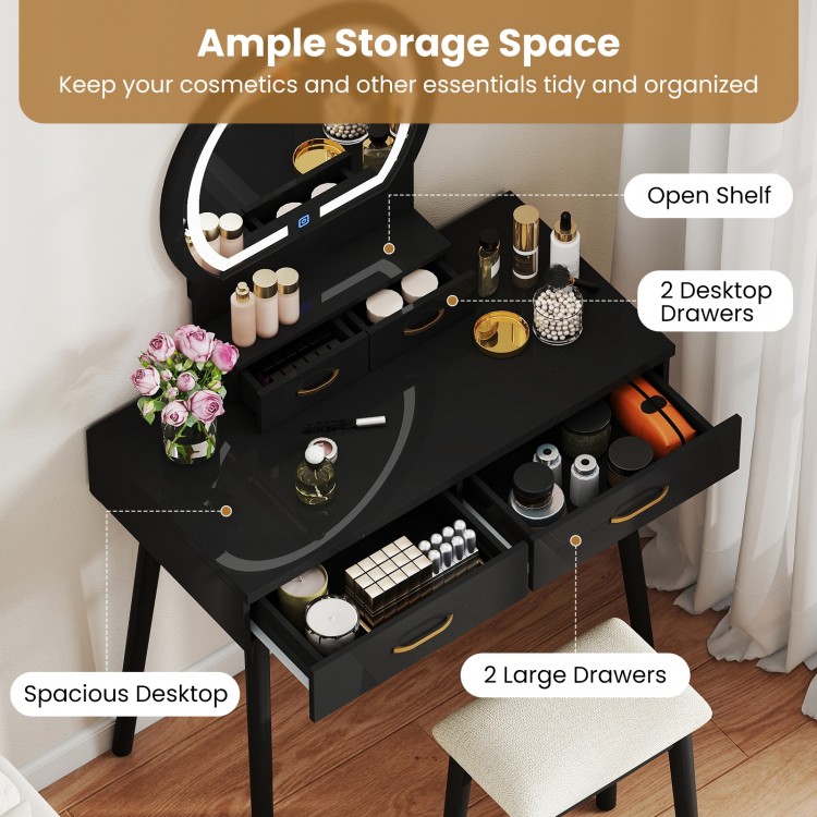 Small black vanity makeup dressing table set with spacious desktop, 2 drawers, and LED lighted mirror for organized.