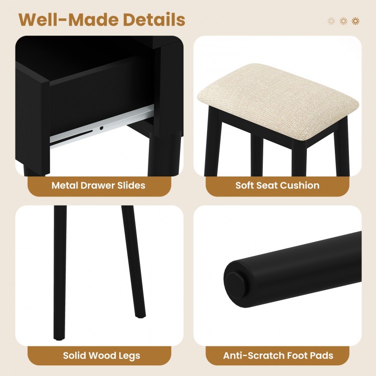 Cushioned stool with soft seat, solid wood legs, and anti-scratch foot pads for the black vanity makeup table set.
