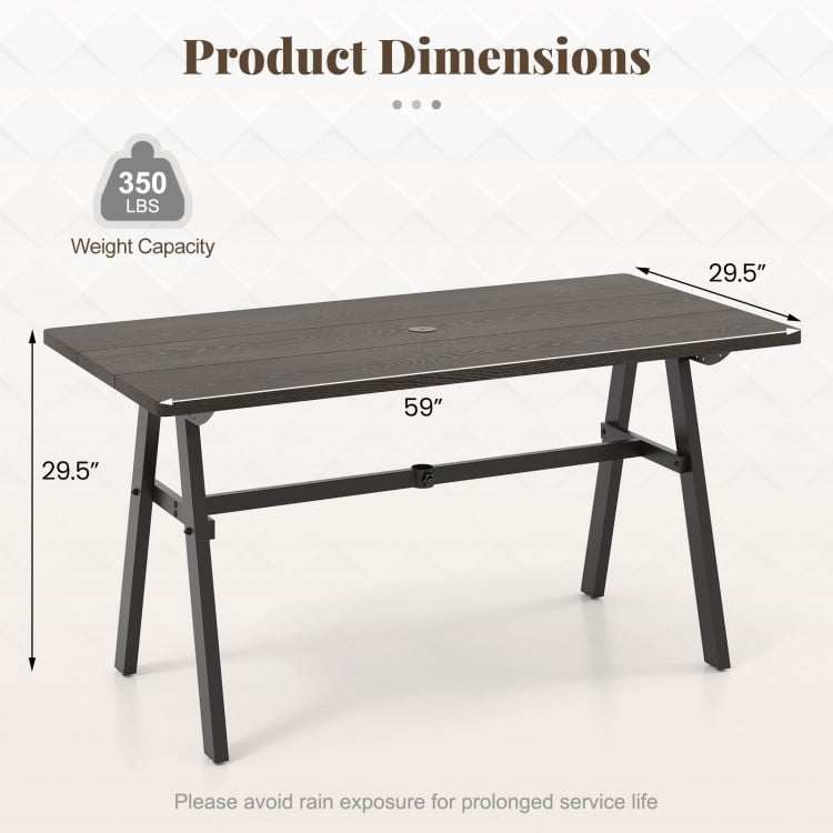 Outdoor dining table in dark brown, measuring 59"L x 29.5"W x 29.5"H, with a 1.93" umbrella hole for garden use.