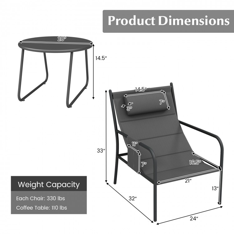 Dimensions of the 3 Piece Outdoor Bistro Set, featuring a gray metal chair and coffee table for backyard relaxation.