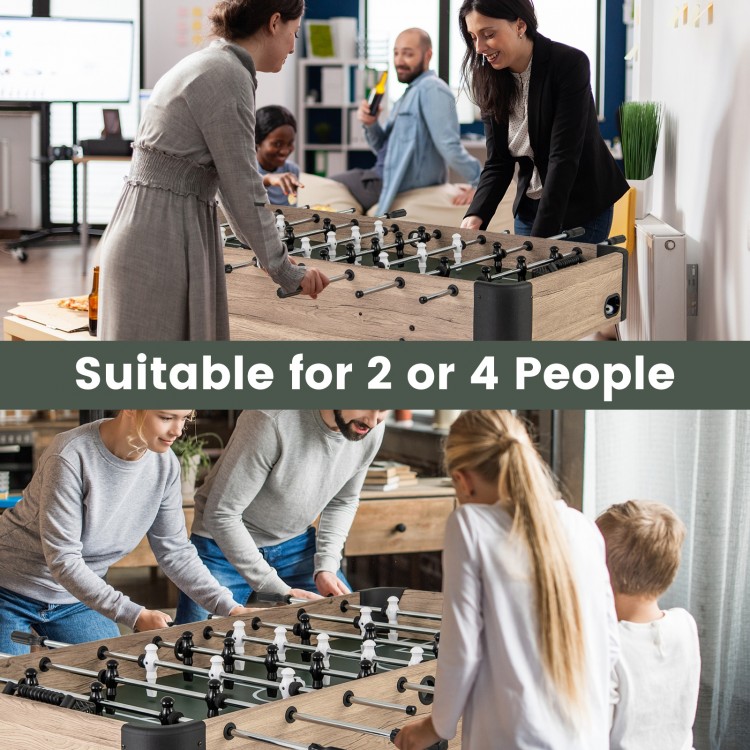 54-inch foosball table with 26 players, designed for 2 or 4 players, featuring adjustable legs and smooth metal rods.