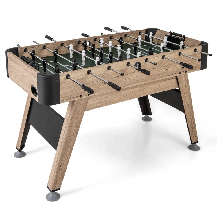 54-inch foosball table with natural wood finish, featuring 26 players and adjustable leg levelers for sturdy gameplay.