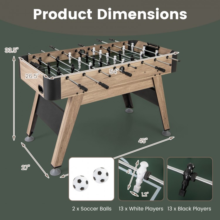 54-inch foosball table with 26 players, 2 soccer balls, and adjustable leg levelers for sturdy gameplay.