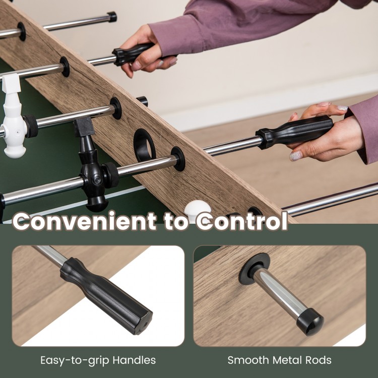 Close-up of the 54-inch foosball table's easy-to-grip handles and smooth metal rods for convenient control during play.