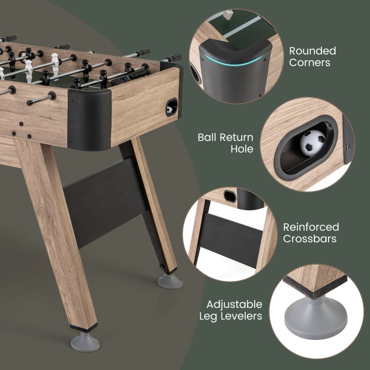 Close-up of the 54-inch foosball table showing rounded corners, adjustable leg levelers, and ball return hole for.