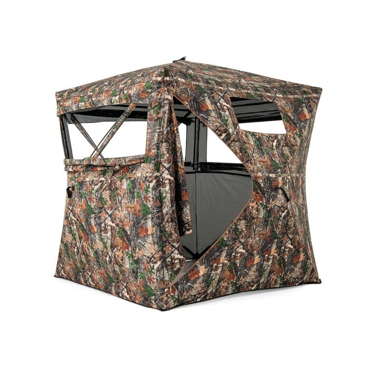 Hunting blind with camouflage design, 82" tall, features 270° visibility and accommodates 3-4 hunters for stealthy.