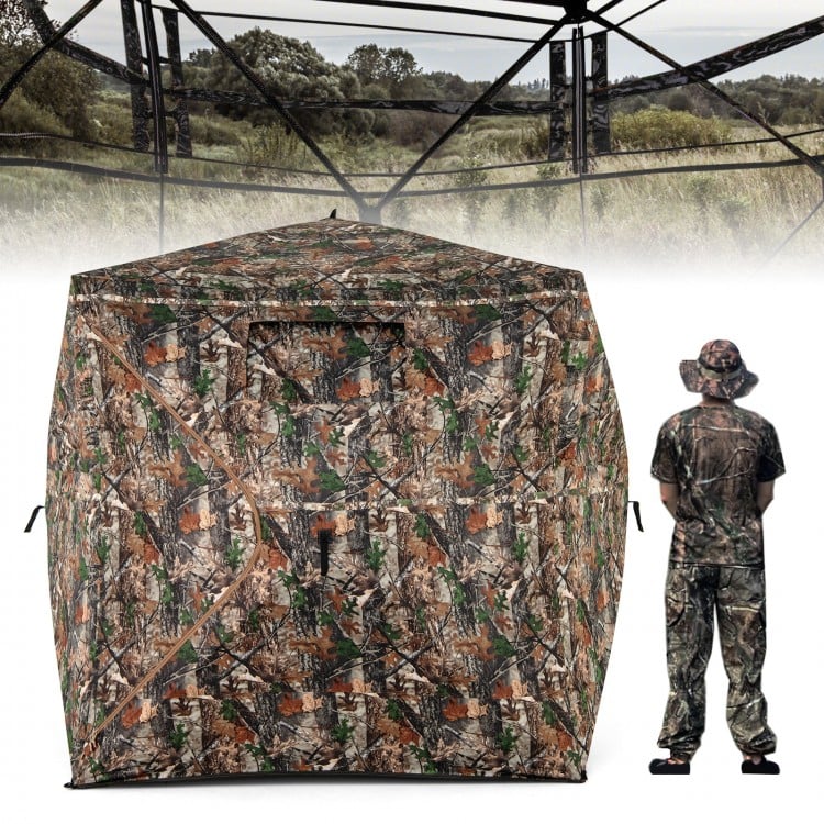 Camouflage hunting blind with 270° visibility, 82" tall, accommodates 3-4 people, ideal for stealthy outdoor use.