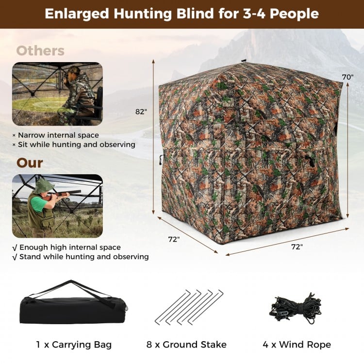 Enlarged hunting blind for 3-4 people, 82" tall with camouflage design, featuring one-way see-through panels for.