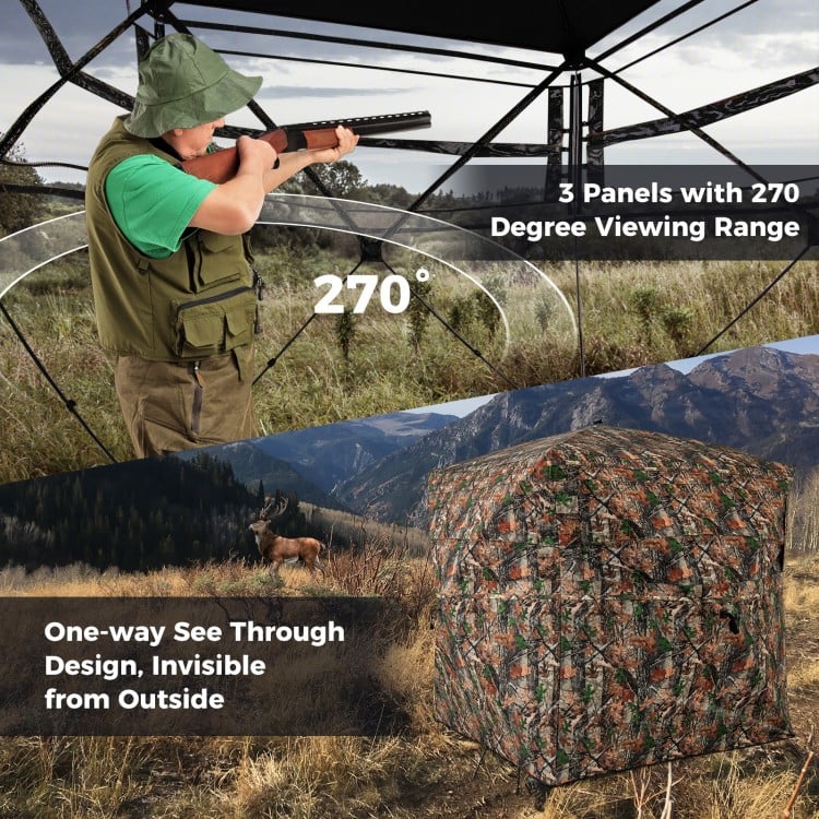 Hunting blind with 270° one-way see-through panels, 82" tall, designed for 3-4 people, ideal for stealthy outdoor use.