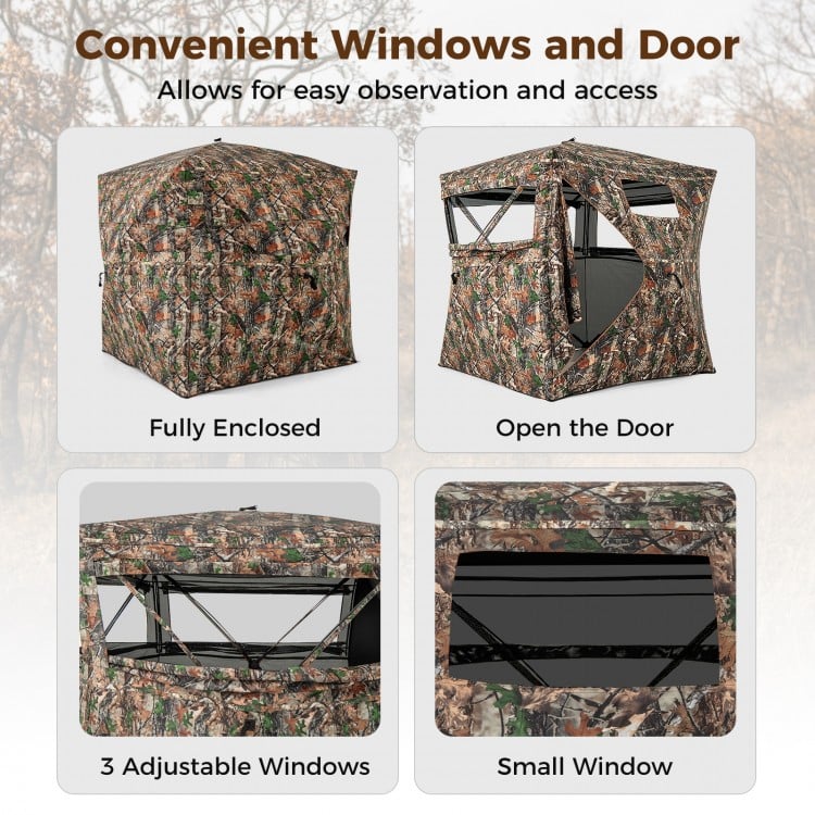 Hunting blind with camouflage design, featuring 3 adjustable windows and a zippered door for easy access and visibility.