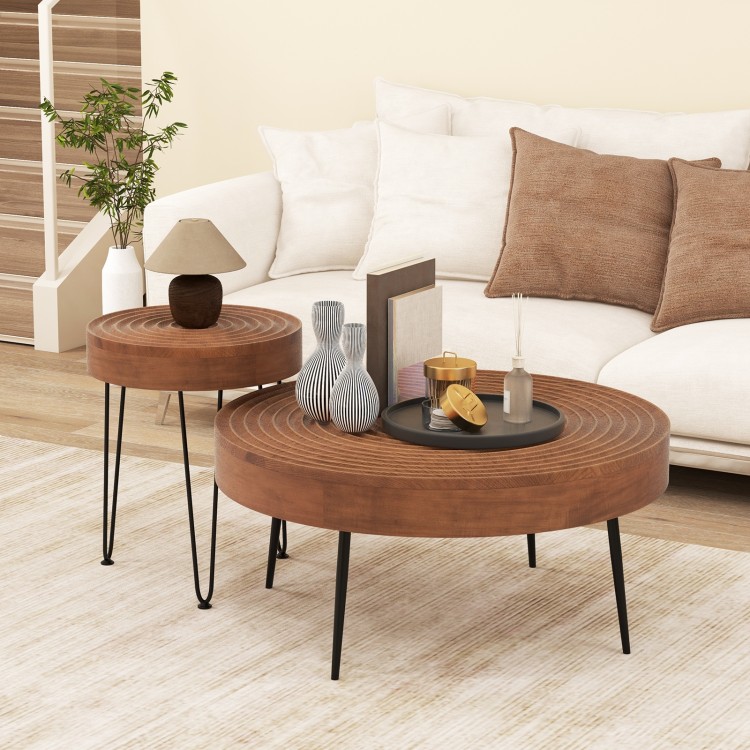 Set of 2 round coffee tables with solid pine wood tops and metal frames, perfect for living room or lounge decor.