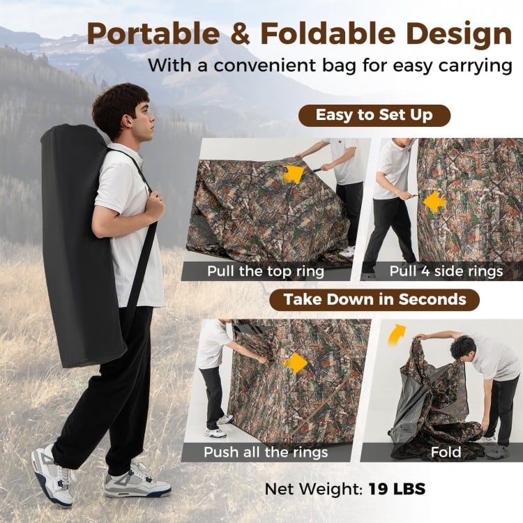 Portable 82-inch tall hunting blind with camouflage design, easy setup, and convenient carrying bag for 3-4 hunters.