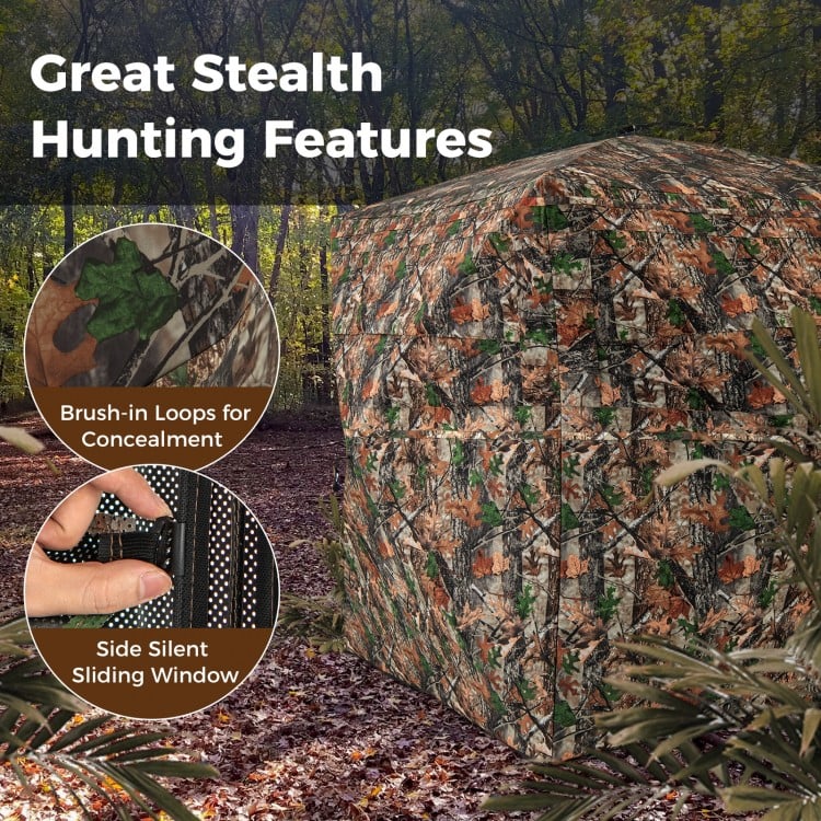 Camouflage hunting blind with 270° visibility, 82" tall, features silent sliding windows and brush-in loops for.