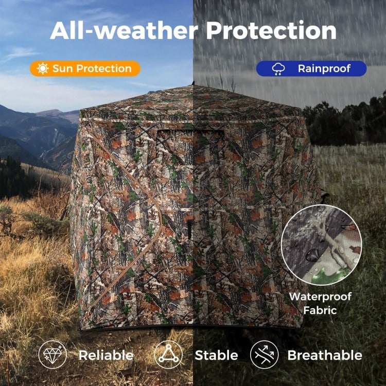 82-inch tall hunting blind with camouflage pattern, 270° visibility, waterproof fabric, ideal for 3-4 hunters in all.