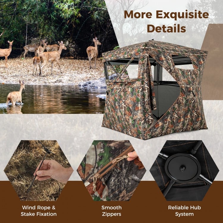 82-inch tall hunting blind with camouflage pattern, featuring 270° visibility and multiple windows for stealthy hunting.