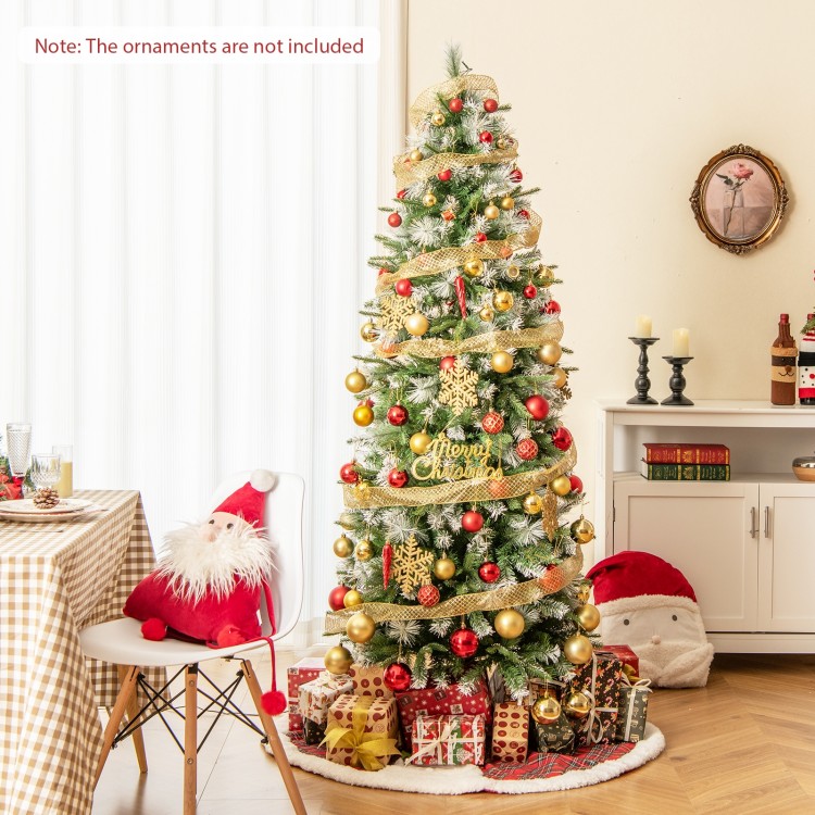Pencil-shaped 6 FT artificial Christmas tree with warm-white LED lights, featuring lush branches and festive design for.