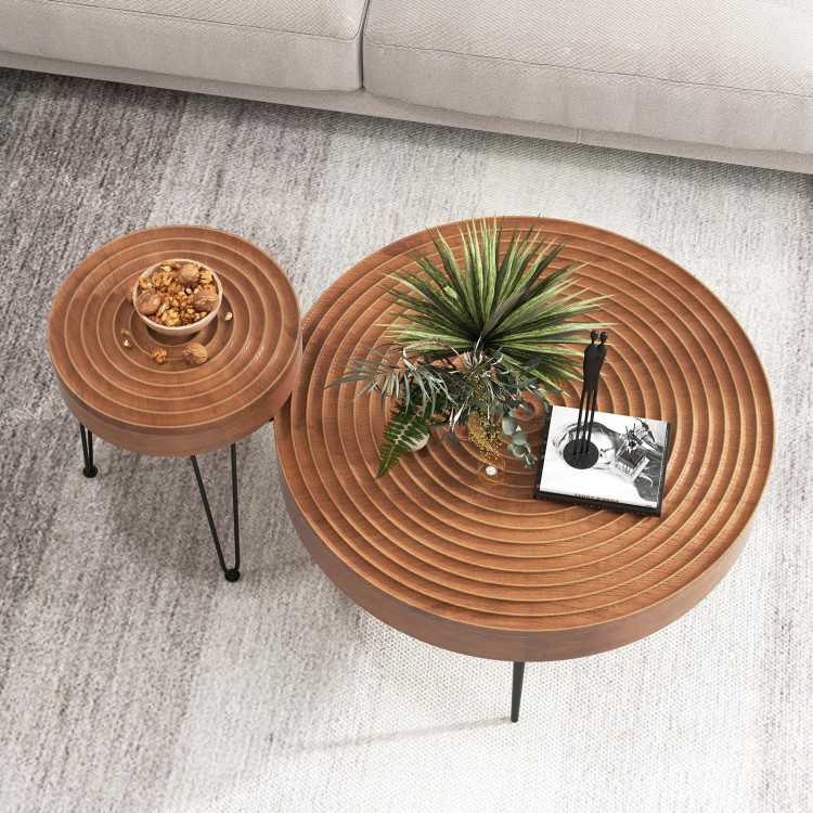 Set of 2 round coffee tables with solid pine wood tops and rustproof metal frames, perfect for living room decor.