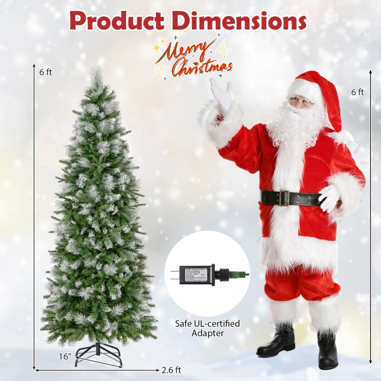 Pencil-shaped 6 FT artificial Christmas tree with warm-white LED lights and flocked design, ideal for festive decor.