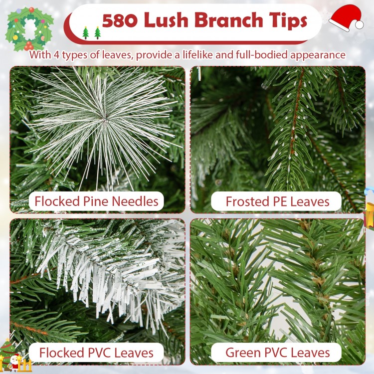 Close-up of flocked and frosted leaves on a 6/7.5/9 FT artificial Christmas tree with warm-white LED lights.