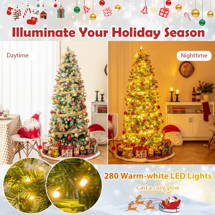 Pencil-shaped 6 FT artificial Christmas tree with warm-white LED lights, featuring lush branches and a stable metal.