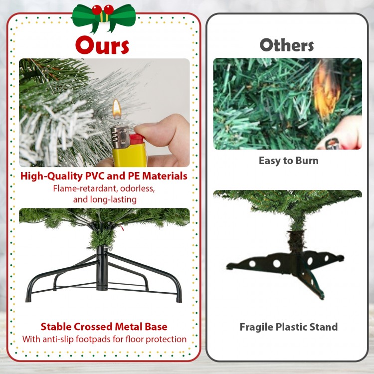 Flame-retardant artificial Christmas tree with warm-white LED lights and stable crossed metal base for secure placement.