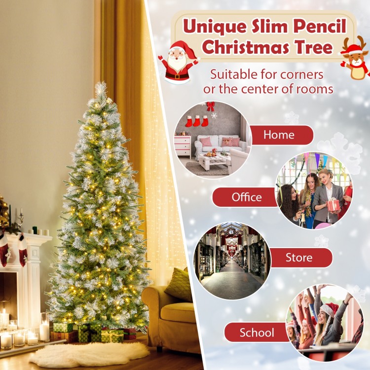 Slim pencil-shaped artificial Christmas tree with warm-white LED lights, perfect for corners or center placement in any.