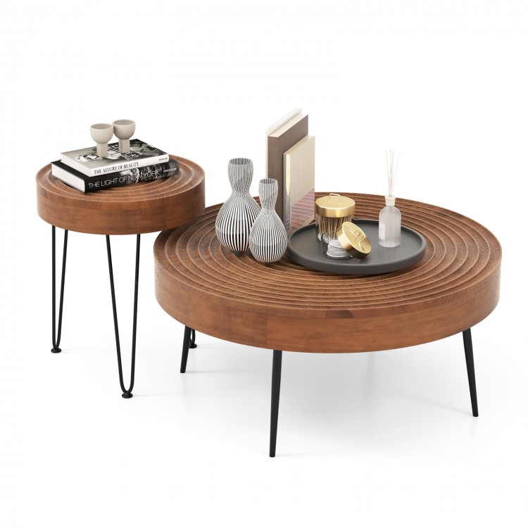 Set of 2 round coffee tables with solid pine wood tops and rustproof metal legs, ideal for living room or lounge use.