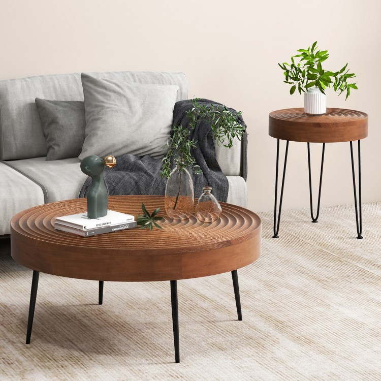 Set of 2 round coffee tables with solid pine wood tops and metal legs, perfect for living room or bedroom decor.
