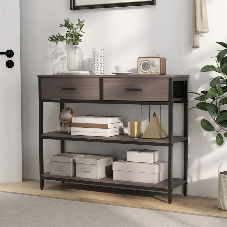 Console table with gray finish, featuring two folding fabric drawers and a sturdy metal frame, ideal for entryway.