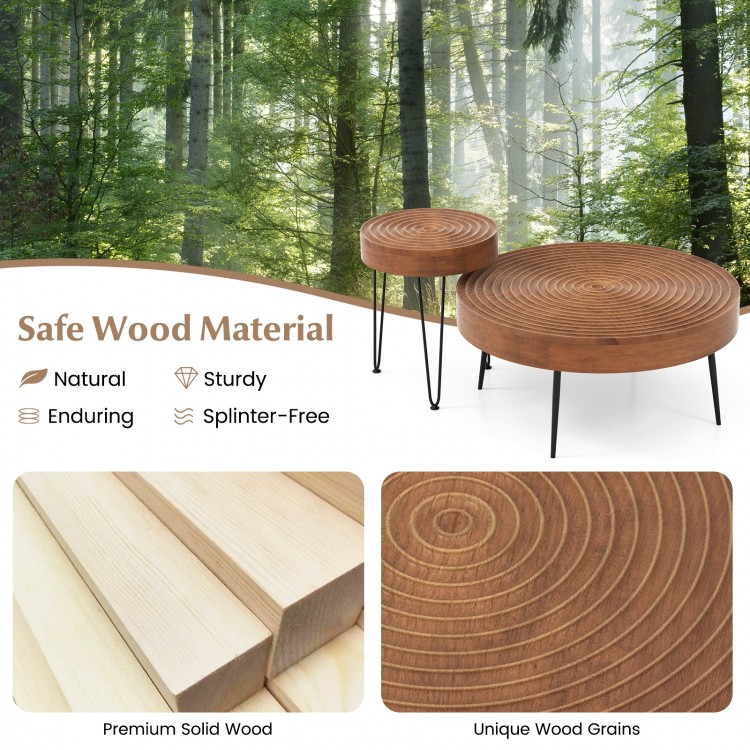 Set of 2 round coffee tables with solid pine wood tops and rustproof metal frames, perfect for living room or bedroom.
