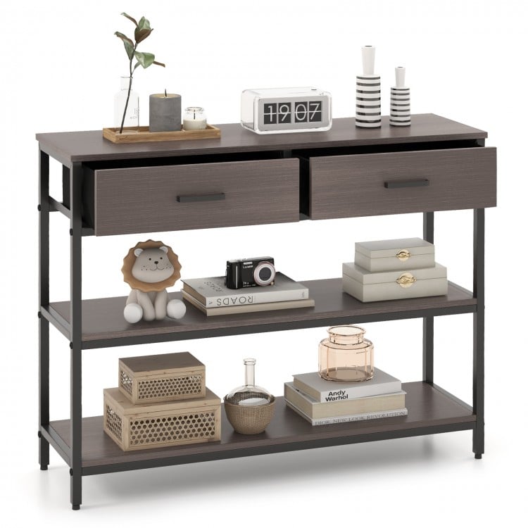 Gray console table showcasing a wide tabletop with decorative items, two fabric drawers, and an industrial metal frame.