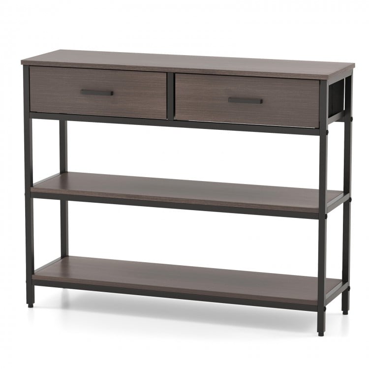 Console table with gray finish, featuring two folding fabric drawers and two open shelves, ideal for entryway storage.