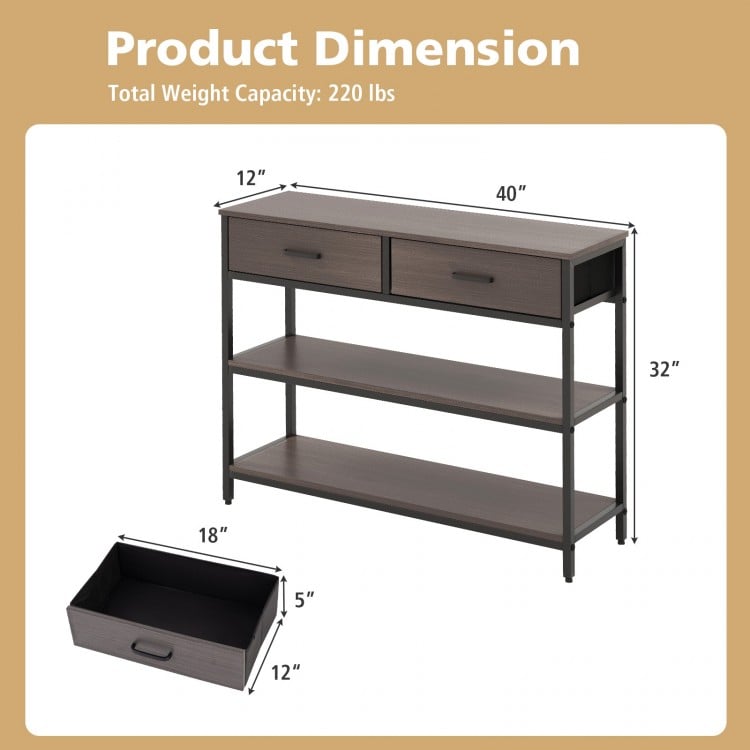 Gray console table with two folding fabric drawers and two-tier open shelf, ideal for entryway storage and organization.
