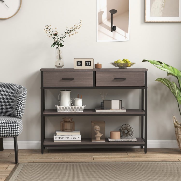 Gray console table showcasing a sturdy metal frame, two folding fabric drawers, and decorative items for stylish.