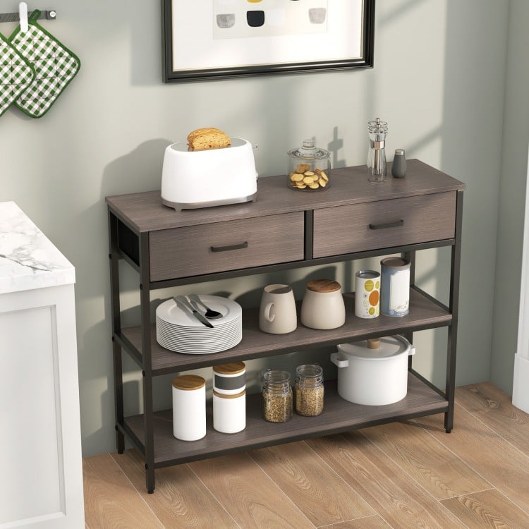 Gray console table featuring a wide tabletop, two fabric drawers, and two open shelves for versatile storage solutions.