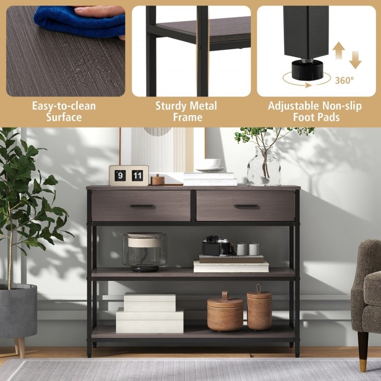 Console table with gray finish, featuring two folding fabric drawers and a sturdy metal frame for entryway storage.